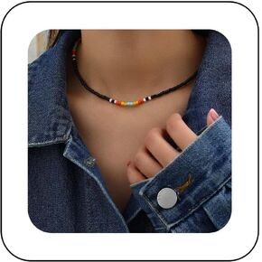 Vintage Colorful Seed Bead Necklace Black Seed Bead Choker Necklace Rainbow Bead Choker Necklace Colorful Rice Bead Necklace Jewelry for Women (Black)