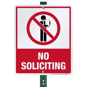 SmartSign 12 x 10 inch “No Soliciting" Yard Sign with 3 foot Stake, 40 mil Laminated Rustproof Aluminum, Red, Black and White, Set of 1