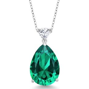 Gem Stone King 925 Sterling Silver Nano Emerald and White Moissanite Pendant Necklace For Women | Pear Shape 18X13MM | 9.72 Cttw | With 18 Inch Chain