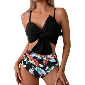 MakeMeChic Women's Two Piece Bikini Sets Twist Front Swimsuit Ruched High Waisted Bathing Suit