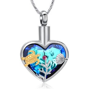Yinplsmemory Sea Turtle Urn Necklaces for Ashes for Women Men Stainless Steel Crystal Heart Urn Locket Pendant Keepsake Memorial Cremation Jewelry