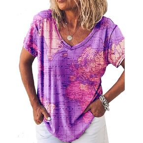 Summer Women's World Map V-Neck Short Sleeve T-Shirt Vintage Pattern Fashion 3D Print Oversized Loose Casual Top