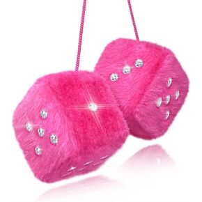 Bling Pink Dice for Car Plush Fuzzy Car Dice with Rhinestones Dots for Rear View Mirror Accessories Hanging Pink Fuzzy Dice Cute Car Accessories for Women and Girl