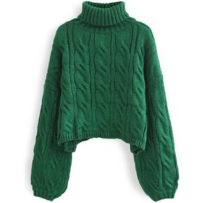 CHICWISH Women Turtleneck Christmas Sweater Cable Crop Long Sleeve Pullover Sweaters Fall Winter Casual Chunky Knit Tops
