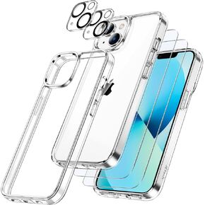 JETech 5 in 1 Case for iPhone 13 Mini 5.4-Inch, with 2-Pack Screen Protector and Camera Lens Protector, Non-Yellowing Shockproof Bumper Phone Cover, Full Coverage Tempered Glass Film (Clear)