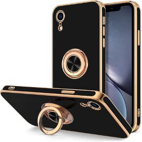 حافظة Hython لهاتف iPhone XR، حامل حلقي [حامل حلقي قابل للدوران 360 درجة، مسند مغناطيسي] طلاء لامع بحافة ذهبية وردية، غطاء ممتص للصدمات ناعم من مادة TPU، مضاد للصدمات، حافظات هاتف iPhone XR 6.1 بوصة، أسود in Kuwait