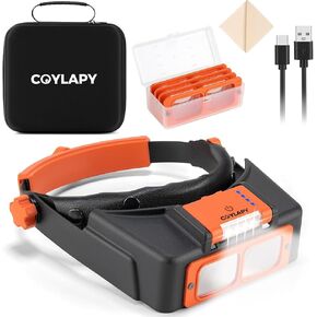 Magnifying Glasses with Light for Close Work, Rechargeable Headband Magnifier 1.5X-3.5X Magnifying Headset with 4 Lenses, Storage Case, Jewelers Optivisor Loupe Visor for Reading,Crafts,Hobby