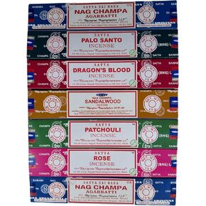 Satya Incense Sticks Assorted Pack 15 Grams Each Nag Champa, Rose, Palo Santo, Nag Champa Sandalwood, Dragon's Blood and Patchouli 90 gram Total 70+ Sticks, SN2317