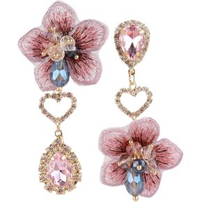 Asymmetric Flower Dangle Earrings, Fashion Unique Bohemian Pendant Earrings Crystal Rhinestone Flowers Earring for Women, Girls' Party and Daily Jewelry