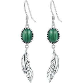 Feather Earrings Genuine Turquoise/Lapis Lazuli/Red Agate/Malachite Dangle Hook Earrings Sterling Silver Native American Jewelry for Women Valentine Gift