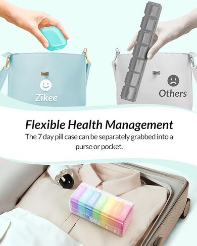 ZIKEE Large Weekly Pill Organizer, Portable Pill Box 7 Day with Double Protection, 7 Separate Colorful Pill Cases for Pocket or Purse, Daily Pill Container for Big Supplements, Vitamins, Fish Oils in Kuwait
