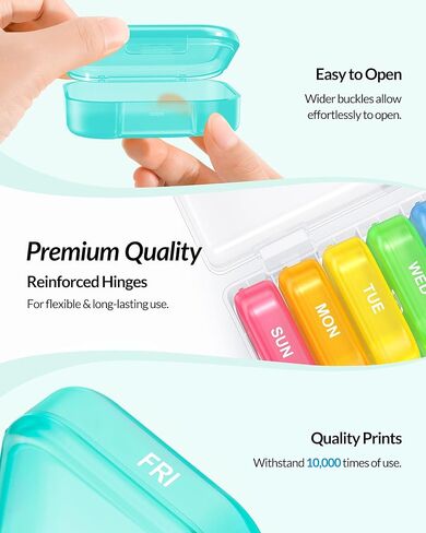 ZIKEE Large Weekly Pill Organizer, Portable Pill Box 7 Day with Double Protection, 7 Separate Colorful Pill Cases for Pocket or Purse, Daily Pill Container for Big Supplements, Vitamins, Fish Oils in Kuwait
