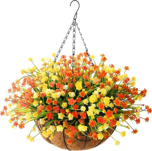Homsunny زهور صناعية معلقة في سلة لتزيين حديقة الفناء في الهواء الطلق، ترتيب ديزي اصطناعي، نباتات وهمية في سلة بطانة جوز الهند مقاس 12 بوصة لديكور الربيع الخارجي (أصفر أحمر) in Kuwait