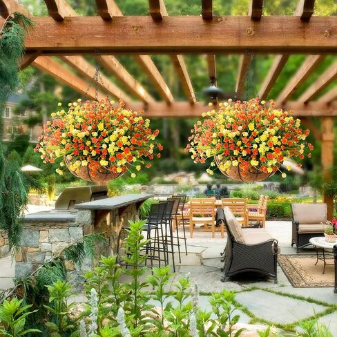 Homsunny زهور صناعية معلقة في سلة لتزيين حديقة الفناء في الهواء الطلق، ترتيب ديزي اصطناعي، نباتات وهمية في سلة بطانة جوز الهند مقاس 12 بوصة لديكور الربيع الخارجي (أصفر أحمر) in Kuwait