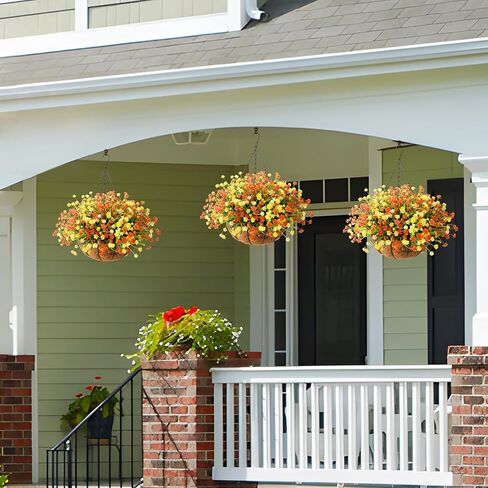 Homsunny زهور صناعية معلقة في سلة لتزيين حديقة الفناء في الهواء الطلق، ترتيب ديزي اصطناعي، نباتات وهمية في سلة بطانة جوز الهند مقاس 12 بوصة لديكور الربيع الخارجي (أصفر أحمر) in Kuwait