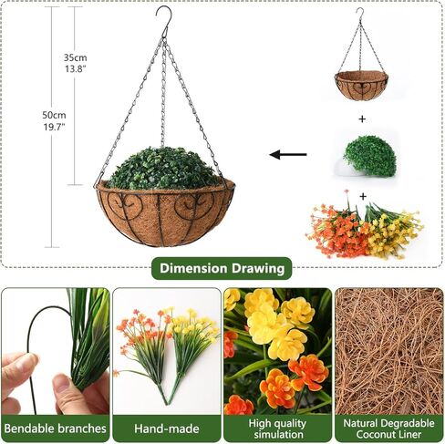 Homsunny زهور صناعية معلقة في سلة لتزيين حديقة الفناء في الهواء الطلق، ترتيب ديزي اصطناعي، نباتات وهمية في سلة بطانة جوز الهند مقاس 12 بوصة لديكور الربيع الخارجي (أصفر أحمر) in Kuwait