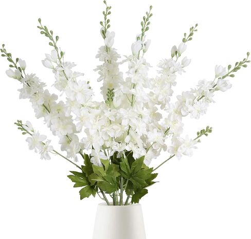 6PCS White Artificial Delphinium Flowers 33" Long Stems White Flowers Larkspur Silk Flowers for Tall Vase White Fake Flowers for Wedding Centerpieces for Home Decor Indoor (White) in Saudi Arabia