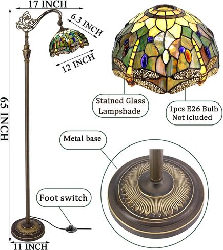 Tiffany Floor Lamp Stained Glass Lamp 18.88X12X67 Inch Angle Adjustable Arched Gooseneck Antique Reading Light (Amber Yellow Dragonfly) in Saudi Arabia