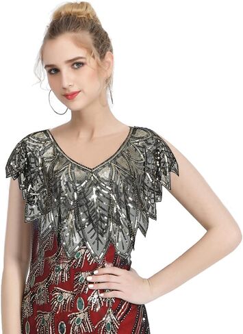 شال 1920s يلتف بالترتر، كيب مسائي مطرز، كيب ترتر، شال نسائي من العشرينيات من القرن العشرين، شال زفاف مطرز بالترتر، شال بوليرو، غطاء فلابر للسهرات in Kuwait