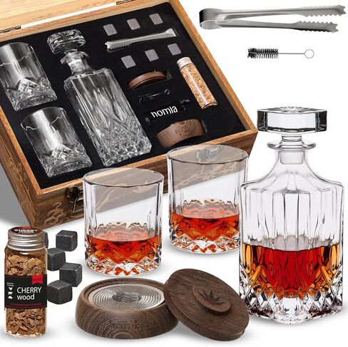Whiskey Gift Set, 13 pcs Wooden Smoker + Old Fashioned Glasses - 2 pcs, in Wooden Box with Wood Chips, Whiskey Stones 6 pcs Included - Gift for Men (Torch Not Included) in Kuwait