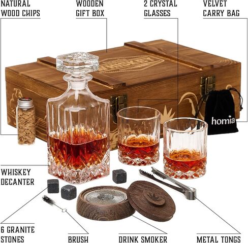 Whiskey Gift Set, 13 pcs Wooden Smoker + Old Fashioned Glasses - 2 pcs, in Wooden Box with Wood Chips, Whiskey Stones 6 pcs Included - Gift for Men (Torch Not Included) in Kuwait