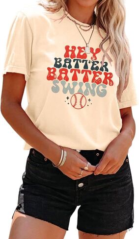 Women Hey Batter Batter Swing Shirt Baseball Mom Graphic Tee Short Sleeve Loose Ballpark Top Casual Sports Tees in Saudi Arabia