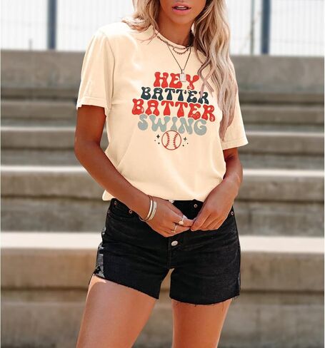 Women Hey Batter Batter Swing Shirt Baseball Mom Graphic Tee Short Sleeve Loose Ballpark Top Casual Sports Tees in Saudi Arabia