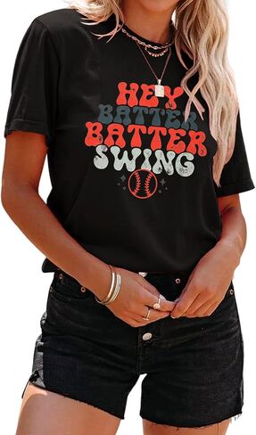 Women Hey Batter Batter Swing Shirt Baseball Mom Graphic Tee Short Sleeve Loose Ballpark Top Casual Sports Tees in Saudi Arabia