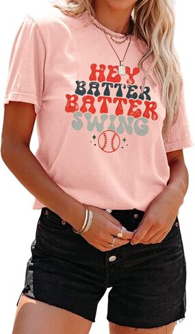 تي شيرت نسائي مطبوع عليه Hey Batter Batter Swing تي شيرت بيسبول أمي جرافيك تي شيرت فضفاض بأكمام قصيرة تي شيرت رياضي كاجوال in Saudi Arabia