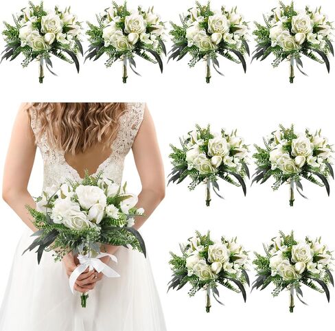 Set of 8 Bridesmaid Bouquets 7 Inch White Wedding Bouquets Faux Flowers Rustic Fake Floral Centerpieces for Bridal Marriage Proposal Party Anniversary Dining Table Ceremony (Eucalyptus) in Saudi Arabia