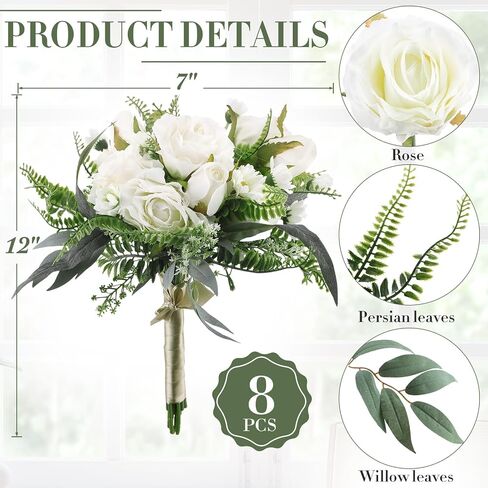 Set of 8 Bridesmaid Bouquets 7 Inch White Wedding Bouquets Faux Flowers Rustic Fake Floral Centerpieces for Bridal Marriage Proposal Party Anniversary Dining Table Ceremony (Eucalyptus) in Saudi Arabia