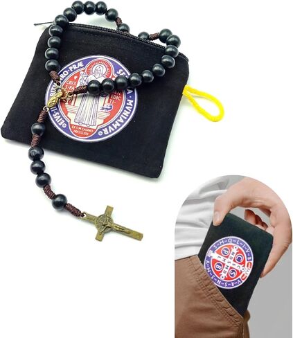 مسبحة للرجال، قلادة مسبحة مع مسبحة خشبية خرز أسود، Rosarios Catolicos para Hombre، Regalos para Hombre، Crucifijo del Perdon، La Cruz del Perdon Catolica، Recuerdos para Bautizo، San Benito in Kuwait