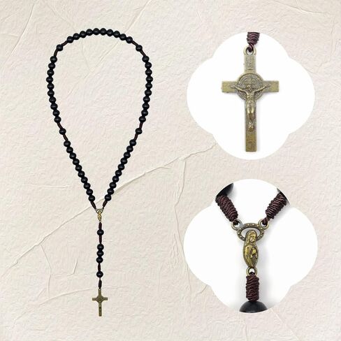 مسبحة للرجال، قلادة مسبحة مع مسبحة خشبية خرز أسود، Rosarios Catolicos para Hombre، Regalos para Hombre، Crucifijo del Perdon، La Cruz del Perdon Catolica، Recuerdos para Bautizo، San Benito in Kuwait