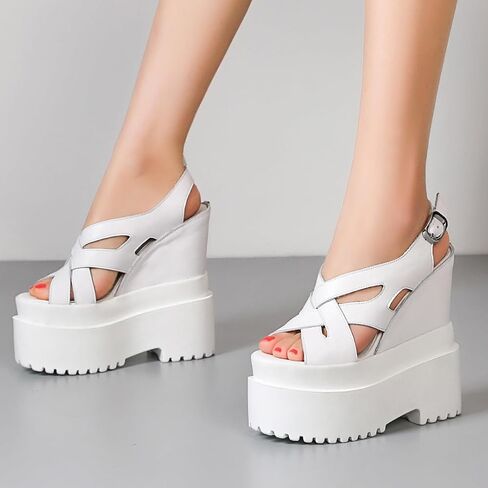 Summer New Retro Super High Wedges Heels Platform Peep Toe Cross-tied Buckle Strap Genuine Leather Women Gladiator Sandals 240306 in Saudi Arabia