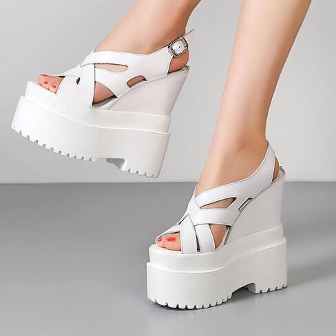 Summer New Retro Super High Wedges Heels Platform Peep Toe Cross-tied Buckle Strap Genuine Leather Women Gladiator Sandals 240306 in Saudi Arabia