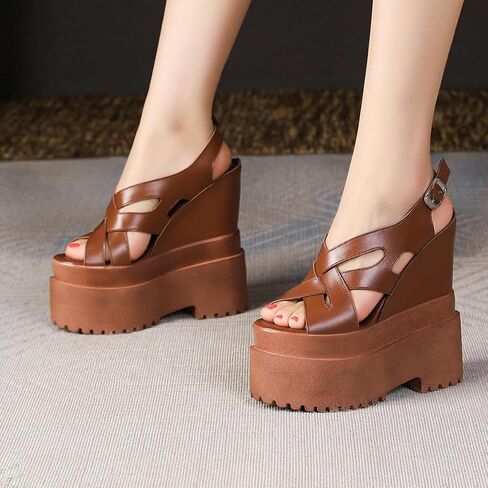 Summer New Retro Super High Wedges Heels Platform Peep Toe Cross-tied Buckle Strap Genuine Leather Women Gladiator Sandals 240306 in Saudi Arabia
