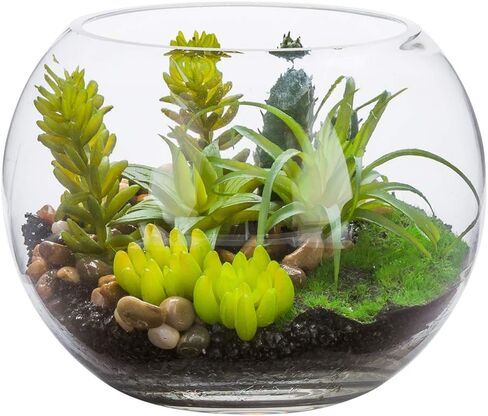 4.7 x 5 Inch Faux Succulent, 1 Realistic Artificial Succulent - In Incline Edge Glass Terrarium, Use As Table Decor, Shelf Decor, Or Centerpiece, Plastic Fake Desk Plant, For Homes Or Weddings in Saudi Arabia