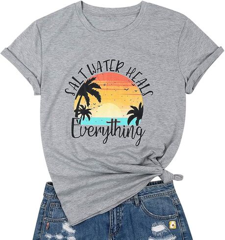 KIDDAD المياه المالحة يشفي كل شيء قميص المرأة هاواي أشجار النخيل الجرافيك تي شيرت الصيف عطلة الشاطئ تي شيرت بلايز in Kuwait