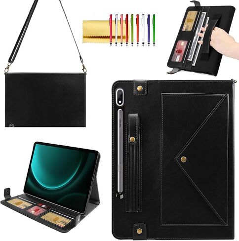 حافظة حقيبة يد لهاتف سامسونج جالاكسي تاب S8+/S7+/S7 FE 12.4 بوصة، حافظة محفظة مع حامل قلم وفتحات للبطاقات وجيب رفيع، حزام يد مدمج وحزام كتف قابل للإزالة، بني in Kuwait