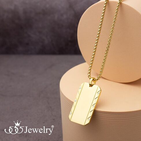 555Jewelry Stainless Steel Zigzag Patterned Dog Tag Necklace for Men with Cubic Zirconia Stones, 16-24 Inch Chain Link in Saudi Arabia