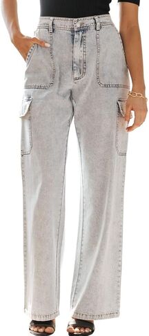 chouyatou Women's Boyfriend Multi-Pocket Cargo Jeans Y2K Streetwear Wide Leg Washed Denim Pants in Saudi Arabia