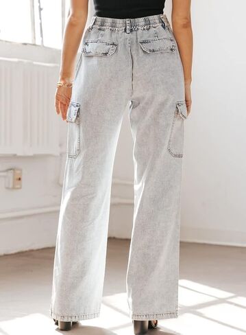chouyatou Women's Boyfriend Multi-Pocket Cargo Jeans Y2K Streetwear Wide Leg Washed Denim Pants in Saudi Arabia
