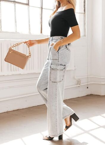 chouyatou Women's Boyfriend Multi-Pocket Cargo Jeans Y2K Streetwear Wide Leg Washed Denim Pants in Saudi Arabia