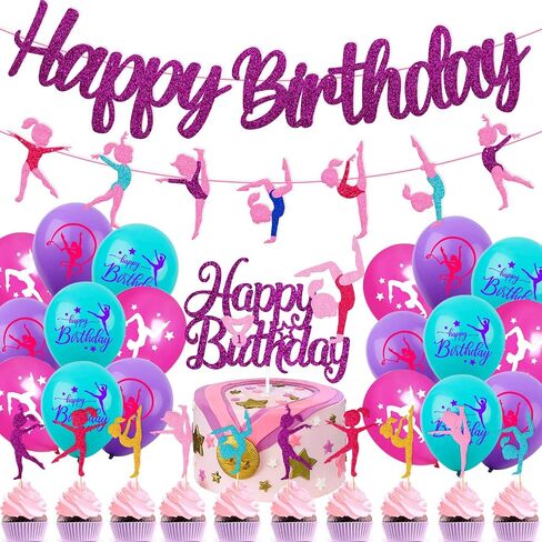 52 Pcs Gymnastics Birthday Decoration Set Gymnast Happy Birthday Banner Cake Topper 25 Cupcake Toppers Gymnastics Balloons for Girl Birthday Glitter Party Supplies in Saudi Arabia