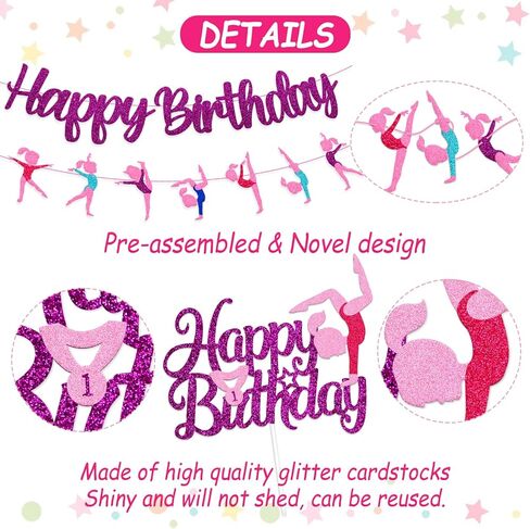 52 Pcs Gymnastics Birthday Decoration Set Gymnast Happy Birthday Banner Cake Topper 25 Cupcake Toppers Gymnastics Balloons for Girl Birthday Glitter Party Supplies in Saudi Arabia
