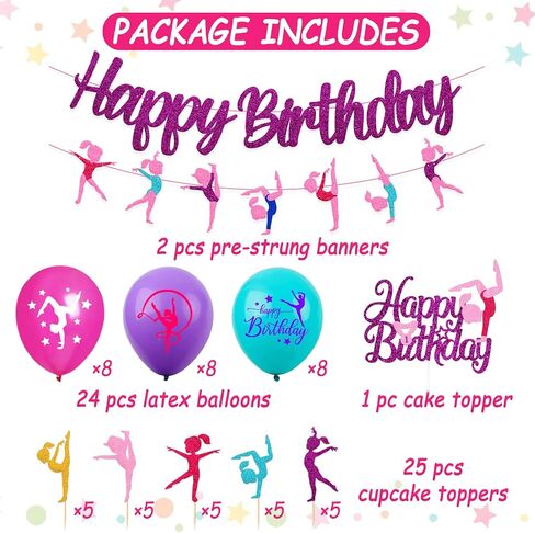 52 Pcs Gymnastics Birthday Decoration Set Gymnast Happy Birthday Banner Cake Topper 25 Cupcake Toppers Gymnastics Balloons for Girl Birthday Glitter Party Supplies in Saudi Arabia