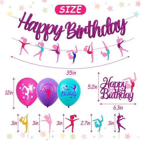 52 Pcs Gymnastics Birthday Decoration Set Gymnast Happy Birthday Banner Cake Topper 25 Cupcake Toppers Gymnastics Balloons for Girl Birthday Glitter Party Supplies in Saudi Arabia