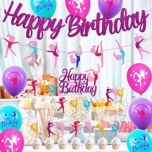 52 Pcs Gymnastics Birthday Decoration Set Gymnast Happy Birthday Banner Cake Topper 25 Cupcake Toppers Gymnastics Balloons for Girl Birthday Glitter Party Supplies in Saudi Arabia