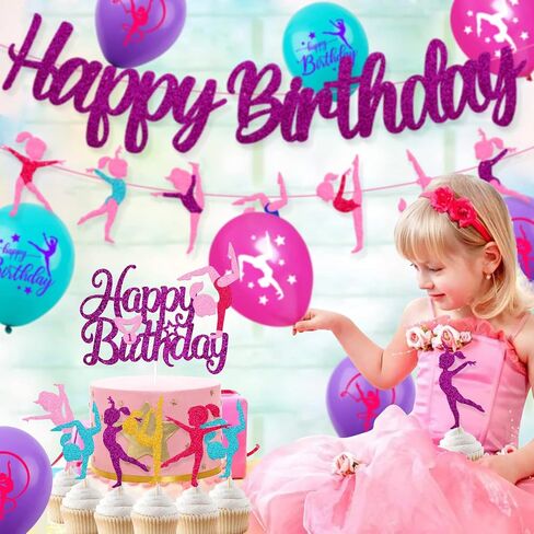 52 Pcs Gymnastics Birthday Decoration Set Gymnast Happy Birthday Banner Cake Topper 25 Cupcake Toppers Gymnastics Balloons for Girl Birthday Glitter Party Supplies in Saudi Arabia