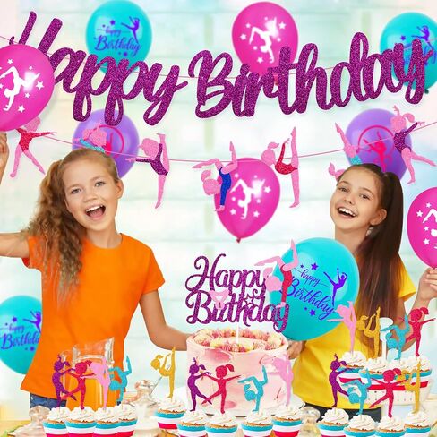 52 Pcs Gymnastics Birthday Decoration Set Gymnast Happy Birthday Banner Cake Topper 25 Cupcake Toppers Gymnastics Balloons for Girl Birthday Glitter Party Supplies in Saudi Arabia